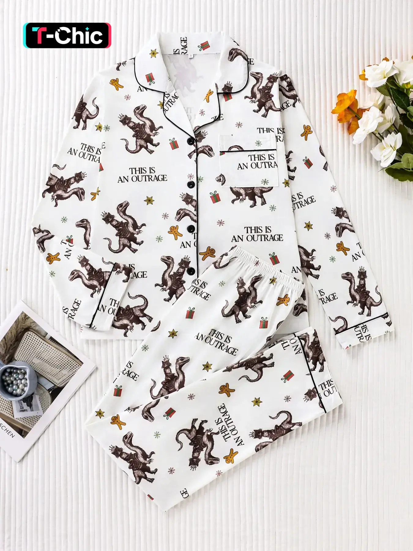 Women's Dinosaur Print Sleepwear Set, Pajama Set, Pjs, Casual Loungewear, Soft and Smooth Fabric, Long Sleeve Top and Pants, Casual Style, Spring & Fall, White Homewear, Home Loungewear Pajamas