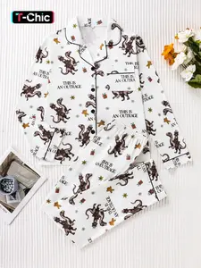Women's Dinosaur Print Sleepwear Set, Pajama Set, Pjs, Loungewear, Soft and Smooth Fabric, Long Sleeve Top and Pants, Casual Style, Spring & Fall