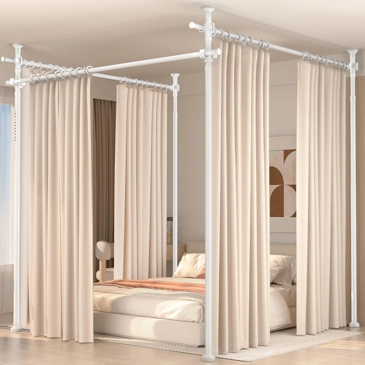 Room Divider for Room Separation, 4-10ft(H) 28-209inch(W) Adjustable Temporary Privacy Wall Divider, Tension Curtain Rods No Drilling, Heavy Duty Partition Space Separator Freestanding, White