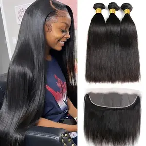 Bone Straight Bundles with Closure Human Hair Brazilian Virgin Hair 3 Bundle with 13x4 HD Lace Frontal Unprocessed Virgin Hair