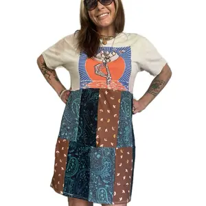 Grateful Dead Tshirt Patch Dress Size M/L with Unique Graphic and Colorful Patchwork Skirt Combo