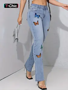 GILIPUR Y2K Women's Colorful Butterfly Print Ripped Denim Jeans,Button-Up Fly, Slim-Fitting, Drop Waist, Long Regular FitOOTD Fashion Inspo T-Chic Pants