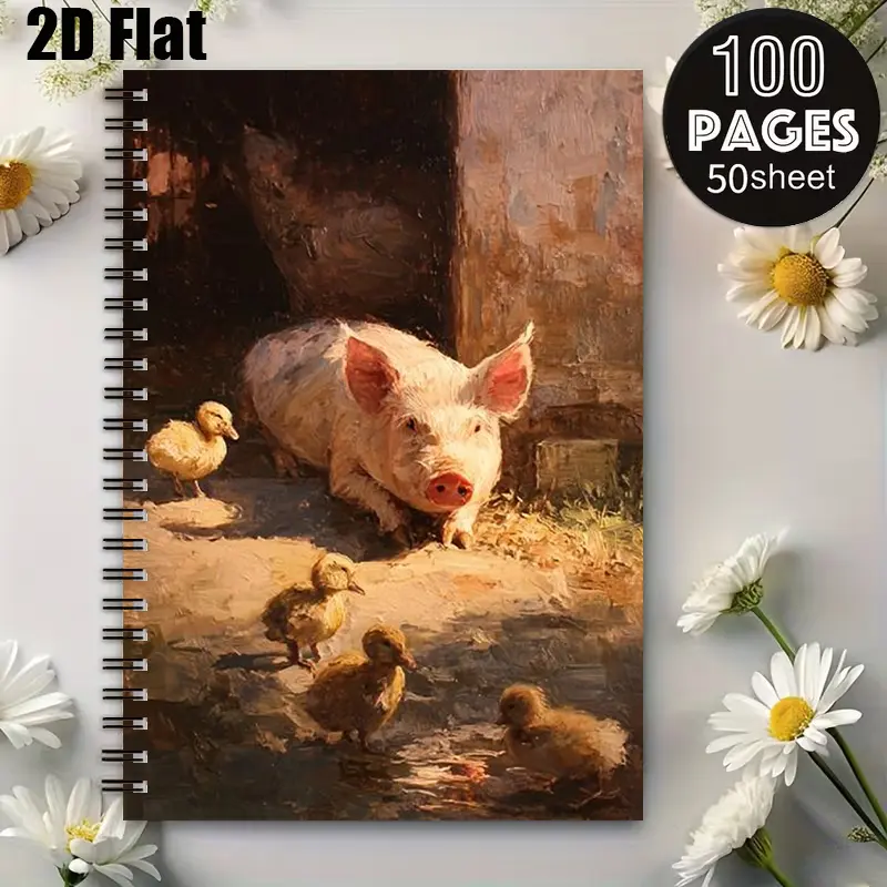 1 Spiral Coil Notebook 5.7x8.26 inch, Adorable Pig and Ducklings Art Cover, Lined Pages, Durable Binding, Ideal for Farmhouse Journal, Daily Notes, Kids' Sketchbook, Back to School Gift, Birthday Present for Animal Lovers, Travel Diary, Outdoor A