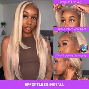 Megalook P10/613 13x6 Three-Go Champagne Blonde Glueless Wigs Silky Straight 100% Human Hair Lace Front Wig with Drawstring for Effortless Elegance