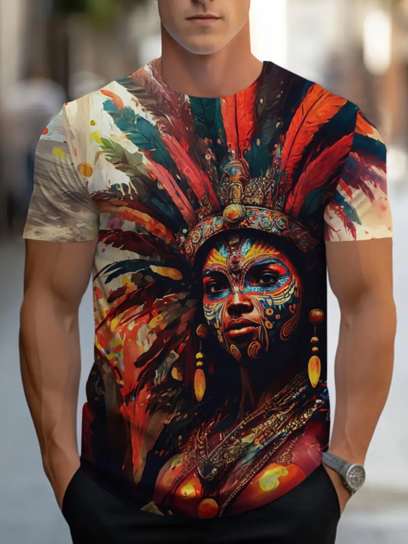This men's lightweight polyester short-sleeve Streetwear T-shirt features a striking tribal chief graphic Print and is ideal for casual outings, parties, or everyday wear.