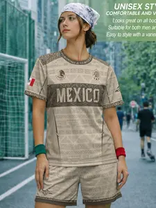Mexico Coat of Arms Aztec Mayan Tribal Geometric Pattern Heritage Tee, Short Sleeve Fitted Top, All Seasons Natural Waist