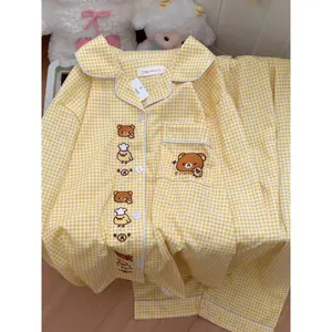 Rilakkuma Joke Bea pajamas for women spring and autumn long-sleeved trousers cartoon girl yellow plaid cute home clothe For All