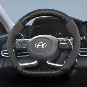 Suitable for Hyundai carbon fiber texture leather suede steering wheel cover accessories, ultra-thin non-slip protective cover, for Accent, Verna, Elantra, Avante, Sonata, Azera, Grandeur, Venue, Kona, Tucson, Santa Fe, Palisade, Ioniq 5, Ioniq 6