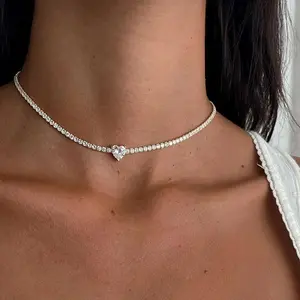 2mm Full Moissanite Diamond Tennis Necklace With Heart Cut Diamond Riviera Necklace S925 Silver Adjustable Choker for Women stainless steel jewelry chain