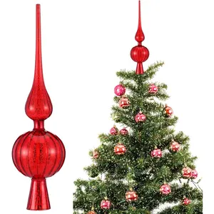 Mercury Glass Finial Christmas Tree Topper 12 Inches Vintage Spherical Xmas Tree Topper Mid Century Christmas Ornament for Home Xmas Holiday Party Decorations (Red)