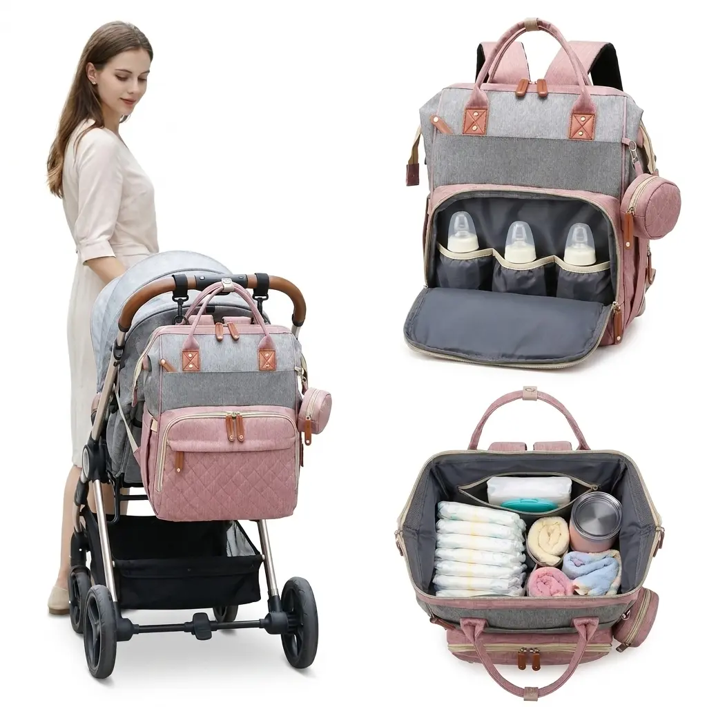 Baby Diaper Bag Backpack with Foldable Bassinet 3-in-1 Waterproof USB Charging Port Insulated Bottle Pockets Stroller Straps Large Capacity Travel Diaper Bag for Newborn Mom
