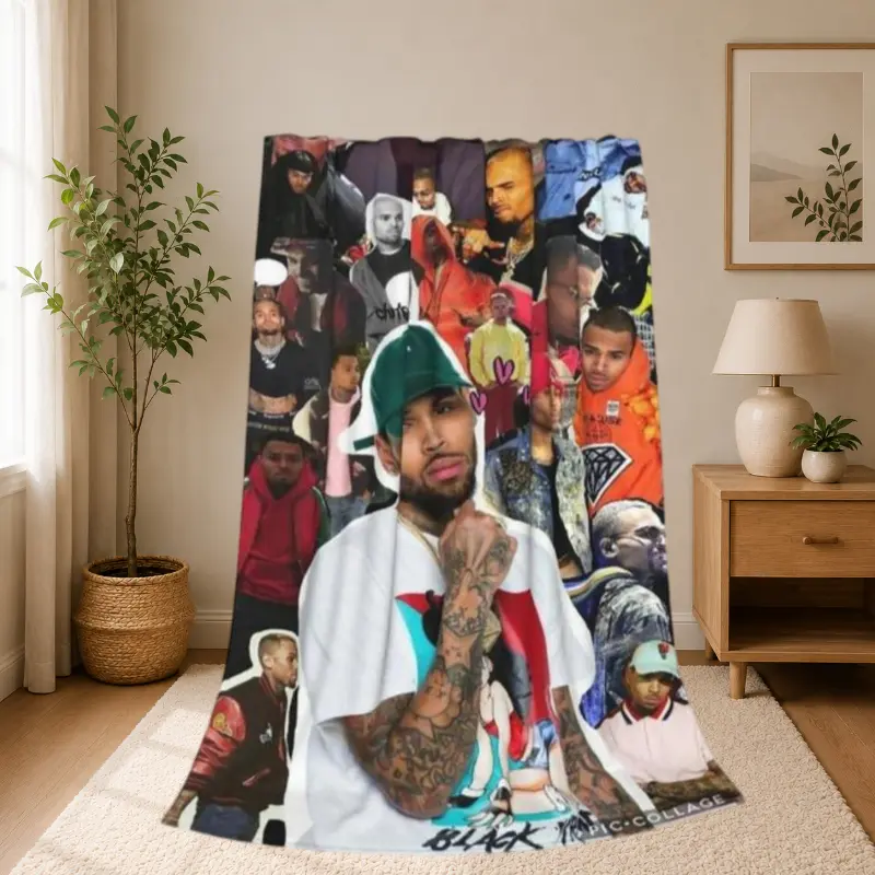 Soft Funny Chris Blanket Brown Flannel Throw Blanket,R&B Music Singer Collage Print Cozy Lightweight Blanket for Bed Couch Sofa Travel Camping,Christmas Gift for Fans