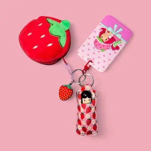 4pc ID Card Holder KeyChain with Strawberry charm Set,Keyring,KeyClip,ID Card Holder that fits up to 2 cards,Shortcake girl