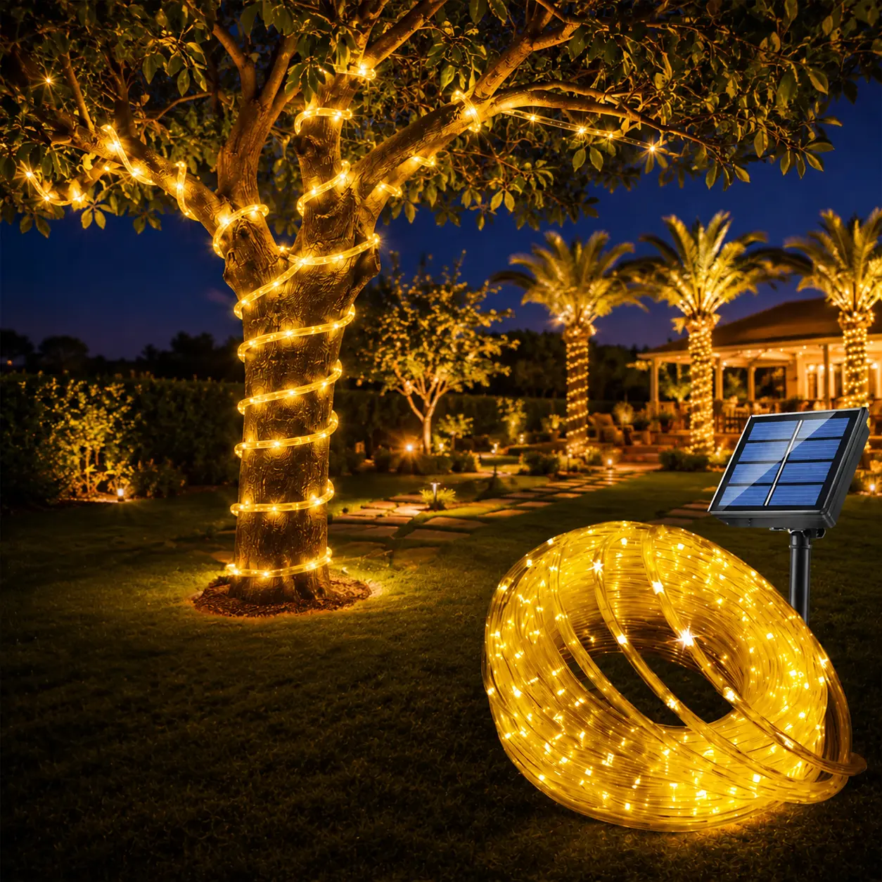Solar Rope Light 33FT 100L Warm White, Outdoor Solar LED Rope Lights, IP65 Waterproof Copper Wire Fairy Tube Lights with 8 Lighting Modes for Garden, Patio, Fence, Balcony, Yard, Walkway, Tree, Christmas Decorations