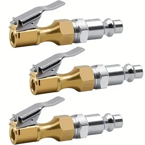 3pcs Heavy Duty Brass Air Chucks with Clip, American Model, Closed Flow Lock-on Tire Inflator Chuck for Schrader Valve