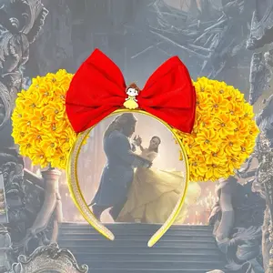 Belle Inspired Mouse Ears Headband with Yellow Floral Accents and Red Bow for Disney Fans