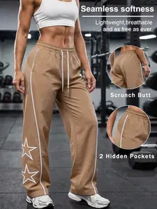 AIbart Women’s fashion athletic pants with embroidered star pattern and drawstring waist, suitable for outdoor, casual, and everyday wear, black for spring and autumn.