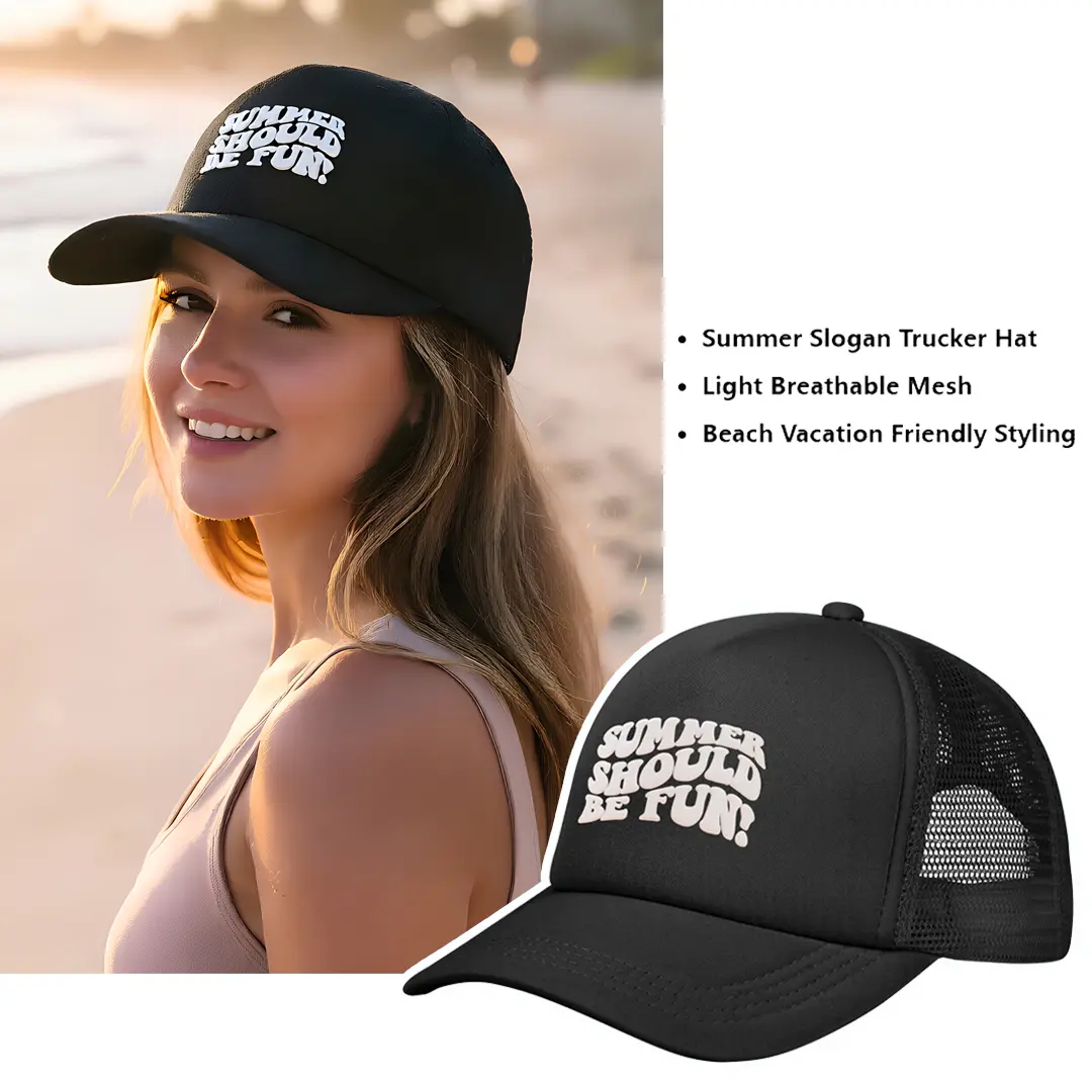 Summer Vibe Breathable Trucker Hat,Summer Should Be Fun Printed Trucker Hat | Summer Vacation Hat for Men & Women,adjustable stylish hat,hats for women,hats for men,beach essentials,beach vacation outfits,black color option#Summervibes Classic Style