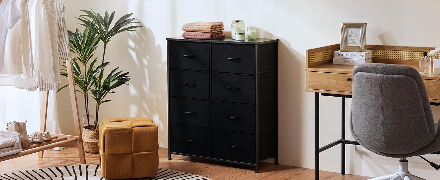 Sweet Furniture F Dresser - Fabric Storage Tower with 8 Drawers, Bedroom Drawer Dresser Organizer, Chest of Drawers with Fabric Bins, Steel Frame and Wood Top for Bedroom, Closet, Entryway