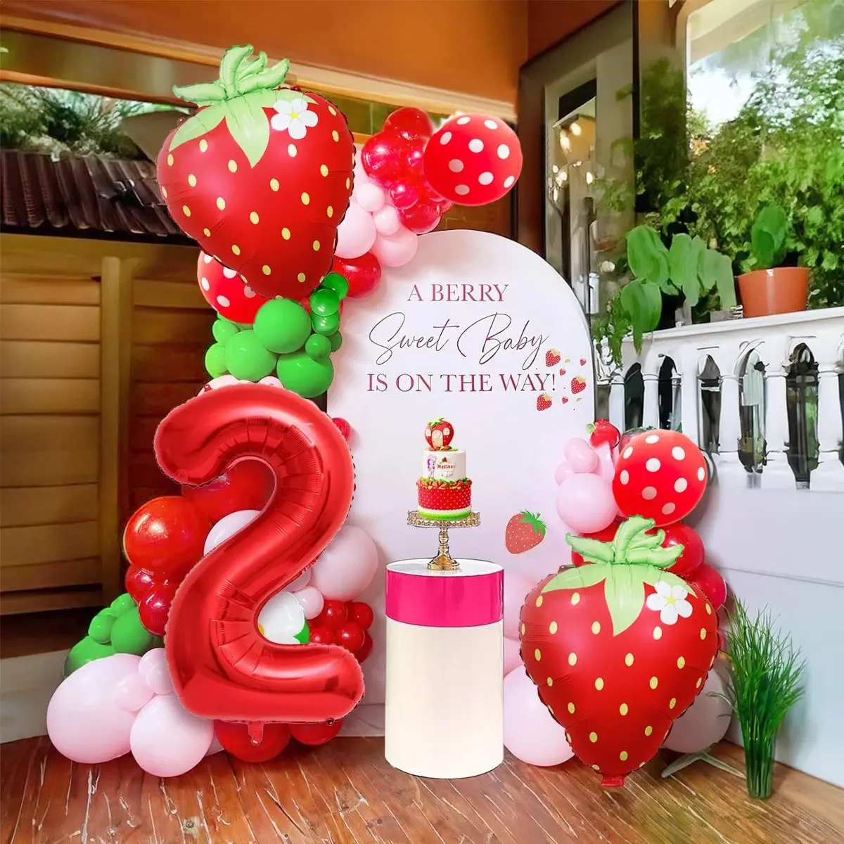 13pcs Strawberry Theme Balloon Set, 40-Inch Numbers 0-9, Polka Dot Latex Balloons, Party Decor for Girl's Birthday, Graduation, Photoshoot