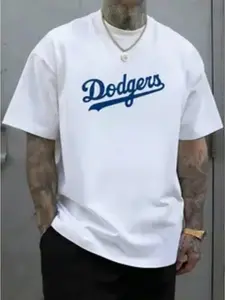 American Vintage Dodgers Letter Print Short Sleeve T-Shirt, Loose Fit Drop Shoulder, Men's Daily Casual Commute Top, Comfortable and Stylish