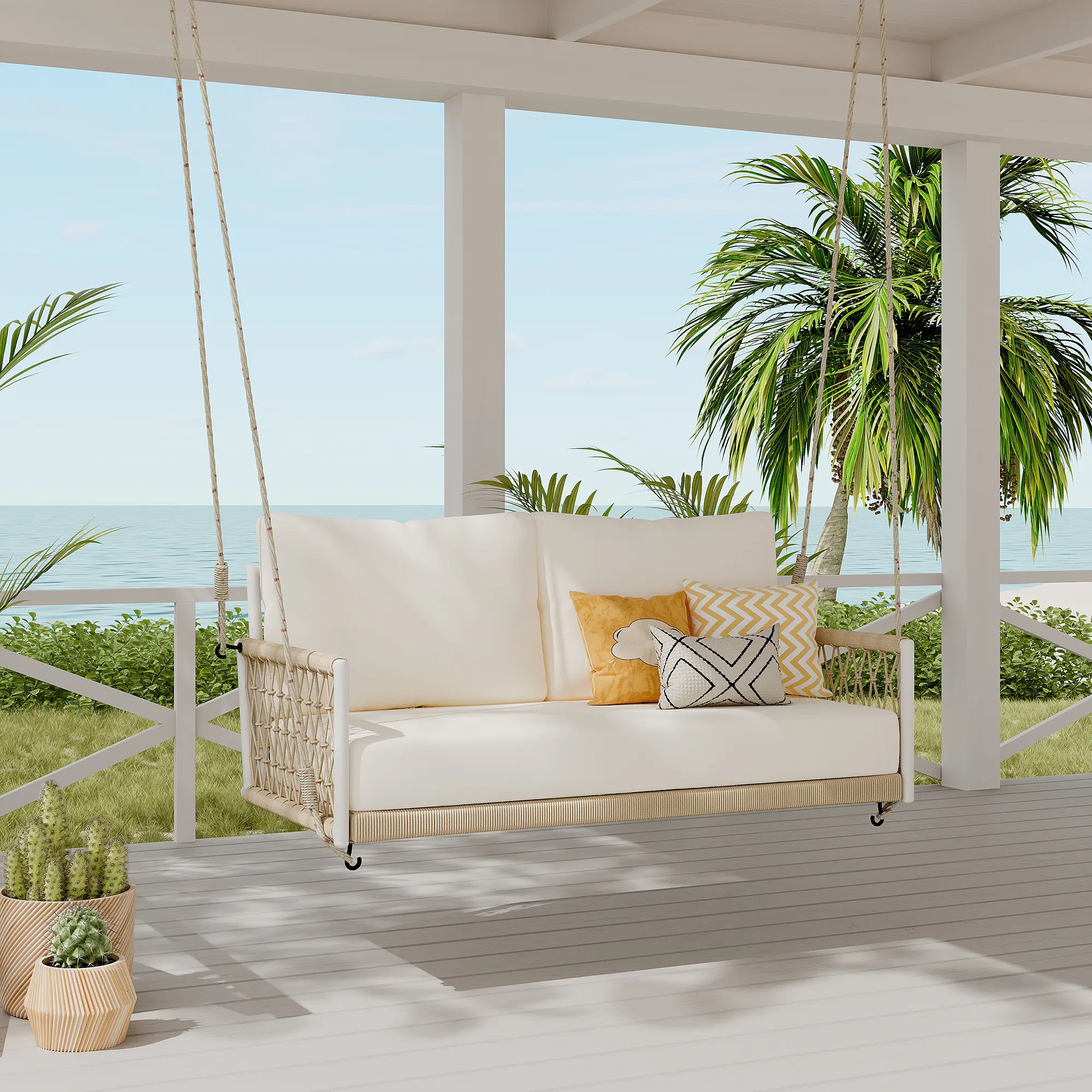 TREXM 1-Piece Woven Rope Outdoor Swing Sofa with Soft Cushions Seating 2 for Patio Courtyard Balcony Beige Loveseat Porch Swing Chair, Living Room Furniture for Apartment, Lounge, Family Room, Office and Home Seating, Sofa Couch Seating Search