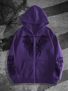Men's Gothic Dark Style Printed Zip Hoodie, Fitted Long Sleeve Sweatshirts, Fashion Streetwear for Casual Occasions, Perfect Campus Choice, Fall & Winter Wear