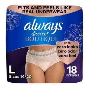 Always Discreet Boutique Incontinence & Postpartum Underwear for Women XL Black 16 Count Pack of 4 Breathable Soft Silk-like Material Zero Leaks Zero Odor