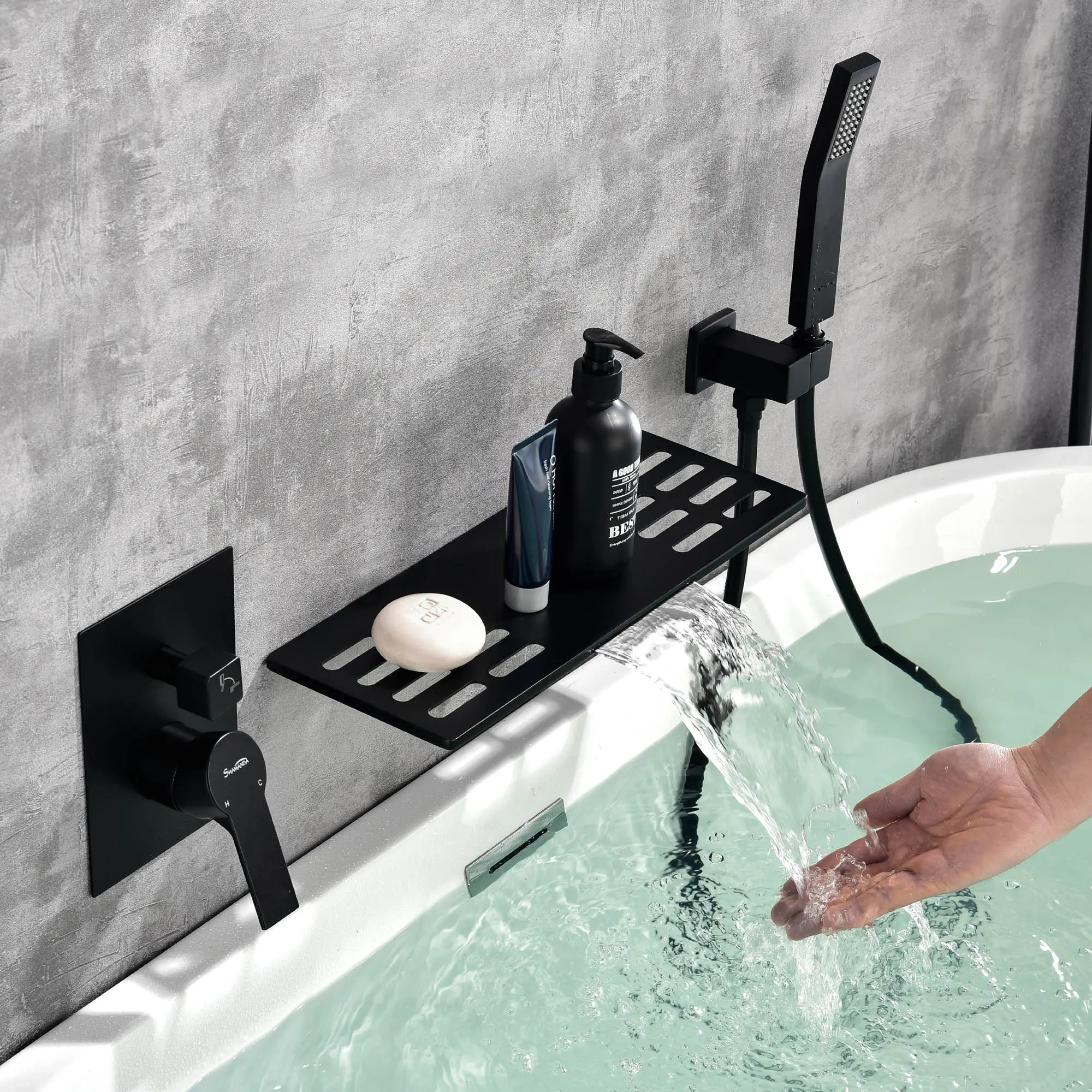 4.5Inch Waterfall Tub Faucet with Handheld Sprayer, 3 Holes In Wall brass Tub Filler Trim for Bathtub - Matte Black, Brushed Gold