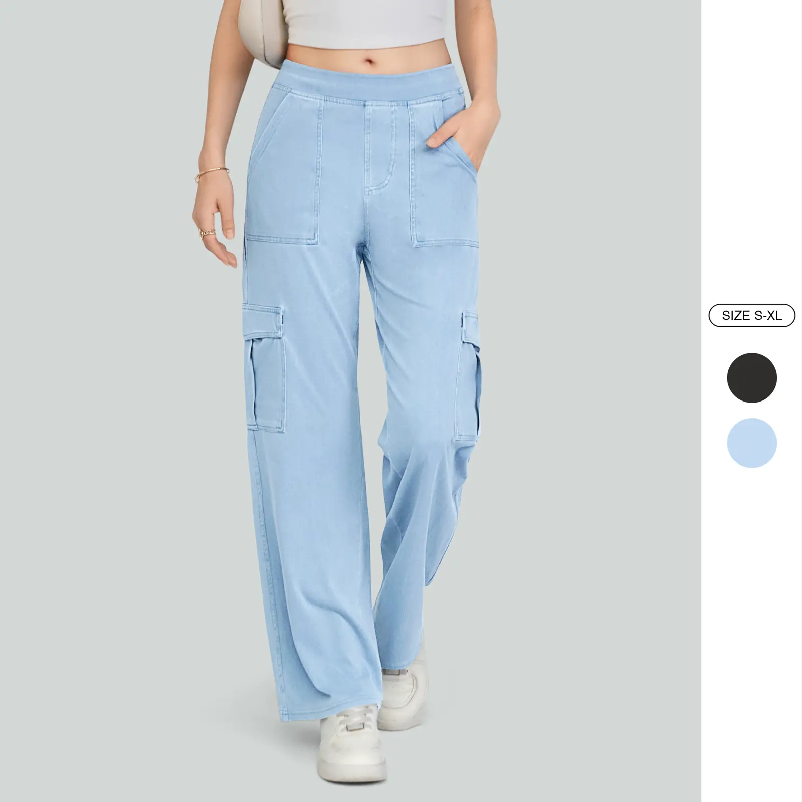 Imily Bela Women's High-Waisted Wide-Leg Trouser Jeans, Flexible Stretch Elastic Denim with an Adjustable Waistband for Casual Wear, Baggy Straight Leg Jeans, Multi-Size, Built-In Adjuster, Belly Hiding Jeans