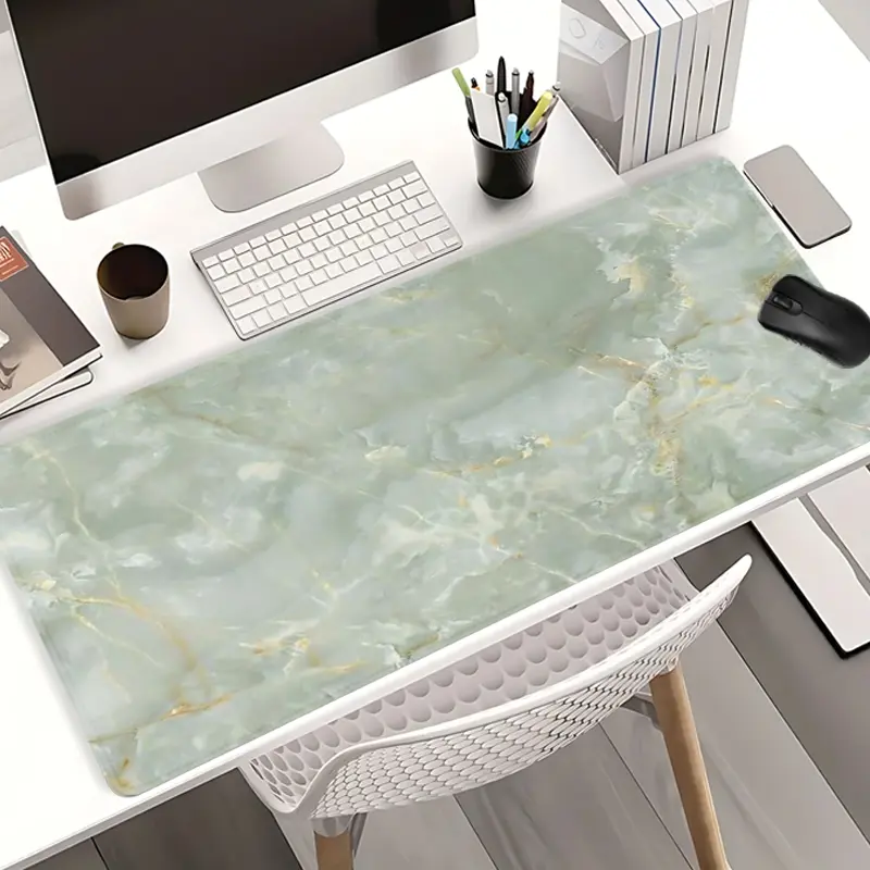 Green Marble with Golden Lines Mouse Pads Extra Large Computer Desk Top Mat, Non - Slip Rubber Base & Stitched Edge, Chic Home Office Decor, Desk Accessory, Office Desktop Accessories