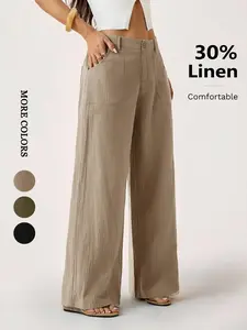 Women's Loose Fit Linen Lightweight Wide Leg Pants, Zip Pocket Elastic Waist Straight Leg Jeans, Fashion Versatile Casual Trousers