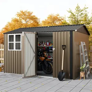 10x12 FT Peaked Roof Metal Storage Shed, Large Outdoor Garden Shed with Cross Windows & Lockable Door, All Weather Waterproof Secure Storage for Lawn Mower, Bikes and Gardening Tools