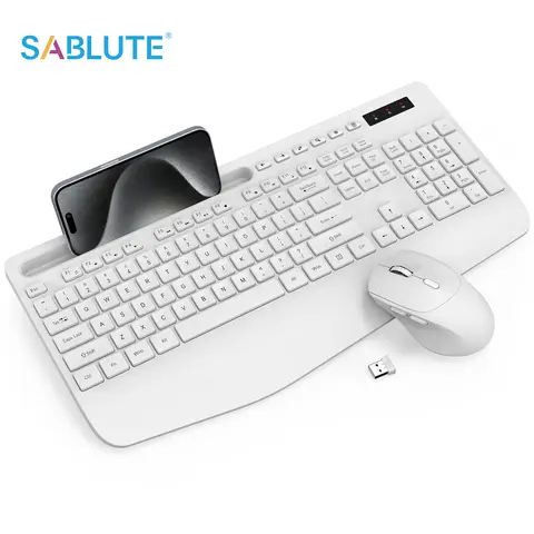 SABLUTE KM23D Ergonomic Design Keyboard & Mouse Combo - 2.4GHz Membrane, Non-Bluetooth Full-Size Set with Wrist Rest, 6-Button Mouse, Phone Holder, Sleep Mode, Hotkeys, Less Noise More Focus, Battery-Powered for PC/Laptop (Batteries Not Included)