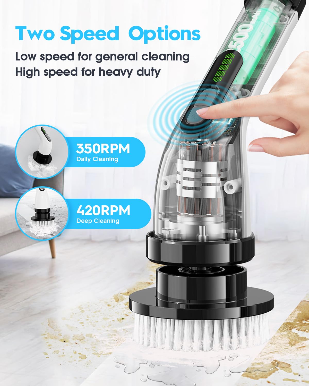 Cordless Spin Scrubber - USB Rechargeable Power Scrubber, Adjustable Speed, 8 Replaceable Brush Heads, Back Pain Relief for Bathroom, Kitchen Home Improvement Cleaning