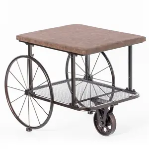 Vintiquewise Industrial Wagon-Style Coffee Table - Rustic Wood Top, Large Spoke Rolling Wheels, Mesh Grid Shelf, Metal Frame, Rectangular, Functional End Table & Magazine Holder (QI004928.S), Industrial Wooden Table