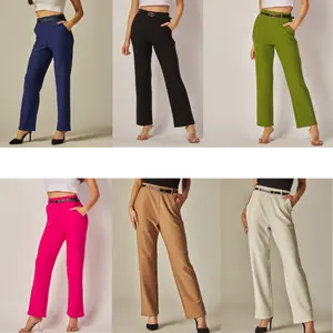 Stretchy Scuba Belted Side Pocket Straight Pants Comfort Comfortable