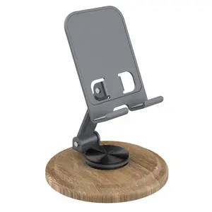 360° Rotating Wood-Grain Base Phone Stand, Fully Adjustable Foldable Desktop Mobile Phone Holder