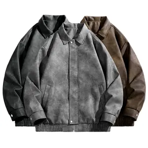 Collared PU Leather Jacket Casual Loose Versatile Unisex Coat with Turn-Down Collar for Men and Women Long Sleeve Zippers Tops