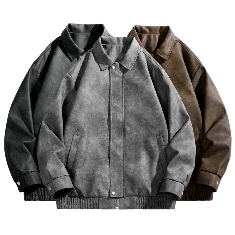 Collared PU Leather Jacket Casual Loose Versatile Unisex Coat with Turn-Down Collar for Men and Women Long Sleeve Zippers Tops