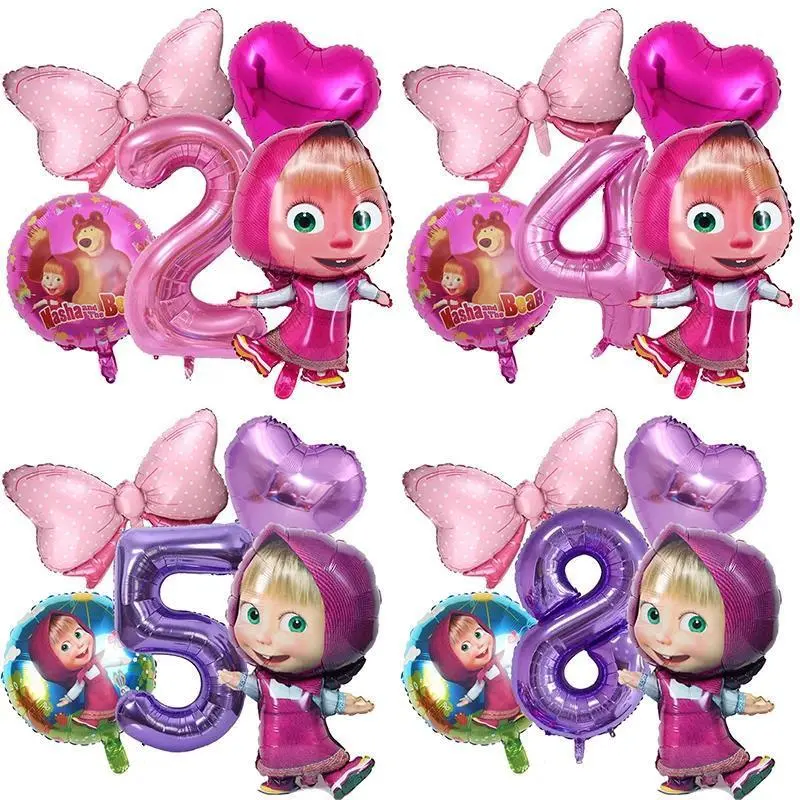Masha and The Bear Plastic Character Balloons Set - Unisex Kids' Party Decor with Number Bowknot, Heart Shape Balloons, Birthday Supplies, Favors