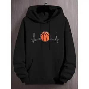 Men's Basketball Print Hoodie With Kangaroo Pocket Stylish Unisex Streetwear For Fall And Winter