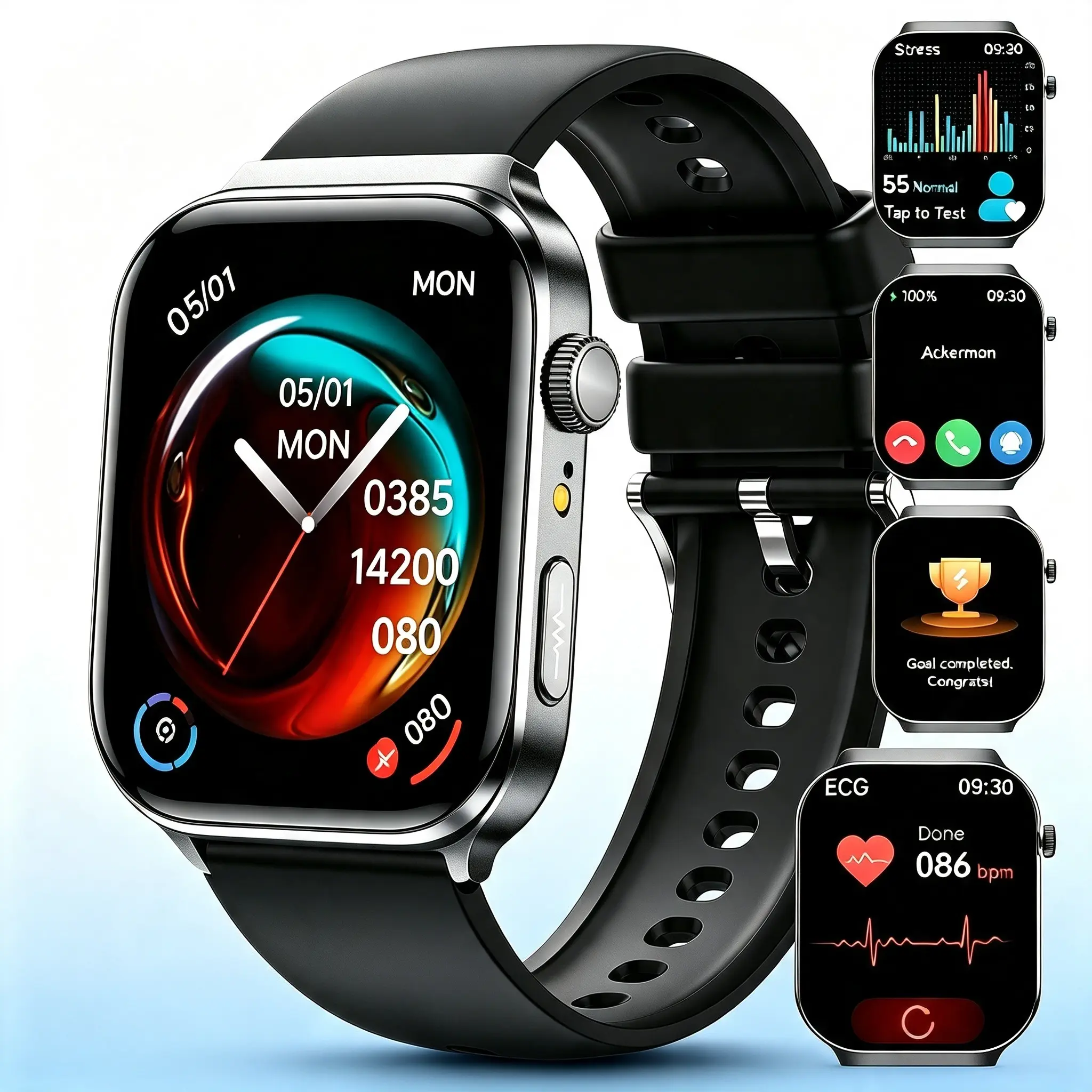 Wearable Smartwatch with ECG Monitoring, Stress Tracking, ECG & Sleep Tracking, HD LCD Screen, Bluetooth Connectivity, Calorie Counting, Sport Mode, App Reminders, Call Making - Health & Fitness Tracker for iOS & Android (05/01 MON 0385 14200 080)