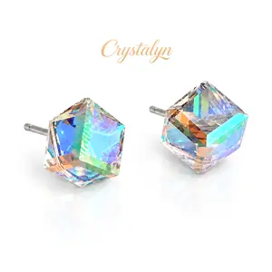 Women's Iridescent Crystal Cube Ear Stud Earrings - Hypoallergenic Aurora Borealis Geometric Jewelry, Minimalist Trendy Daily Gift for Women,Compact and comfortable, they are perfect for everyday wear, date nights, parties, photo shoots,