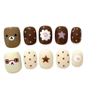 10pcs short square false nails - Brown cartoon bear & heart cutouts with glossy finish