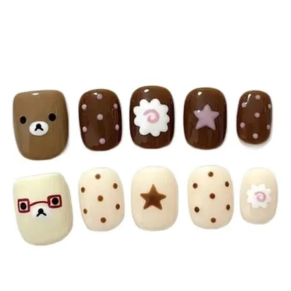 10pcs short square false nails - Brown cartoon bear & heart cutouts with glossy finish