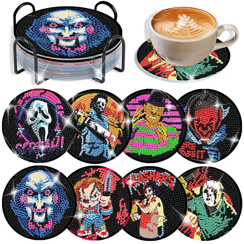 8-piece DIY Diamond Painting Coaster Kit, 5D Diamond Art Kit with Horror Characters, includes cork mat, tool kit, and storage rack. Suitable for adults, Horror Themes, Unique Designs, Diamond Pattern Design, Vibrant, Display, Crafts