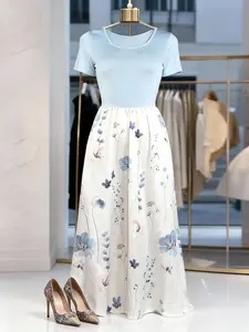 Women's Floral Print Dress, Elegant Round Neck Dress for Party Wedding Guest, Ladies Clothes for All Seasons