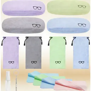Zhengwanhh09j 4Sets Glasses Case, Hard Shell Linen Eyeglasses Cases with Microfiber Cleaning Cloths & Drawstring Pouches, Protective Sunglasses Storage Box, Portable Travel Eye Glass Carry Case for Men Women
