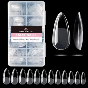 UNA GELLA Almond Gel Nail Tips, 504PCS Pre Etched Clear Fake Nails Tips Medium Almond Shape - 12 Sizes Full Cover Soft Acrylic Press On Nail Extensions No C Curve Gift for Diy at Home
